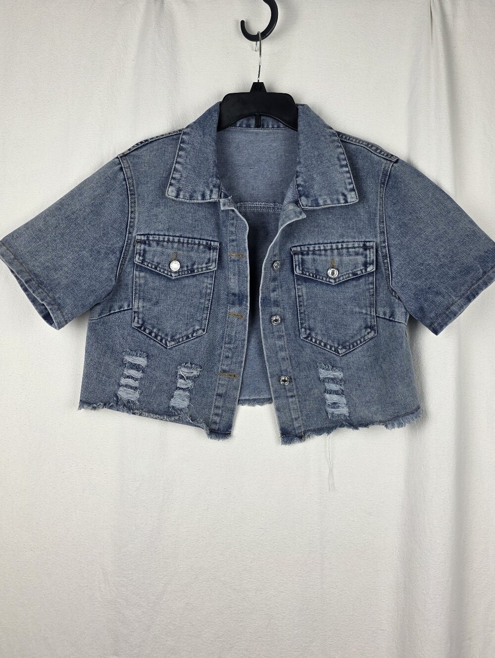 Short Sleeve Denim Jacket Cropped Frayed Hem